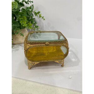 Vt Antique 5 Sided Gold Ormolu Filigree Glass Paneled Jewelry Casket Display Box